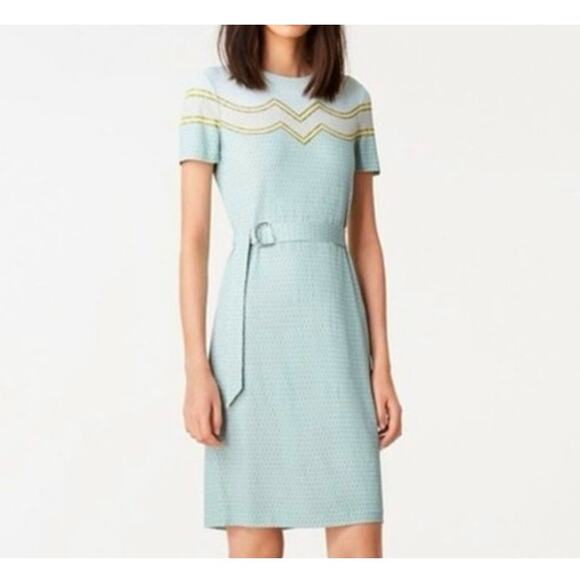 Tory Burch Kari Jersey Dress Size XS Stretchy Belted Green Chevron Geo Print - Picture 2 of 6